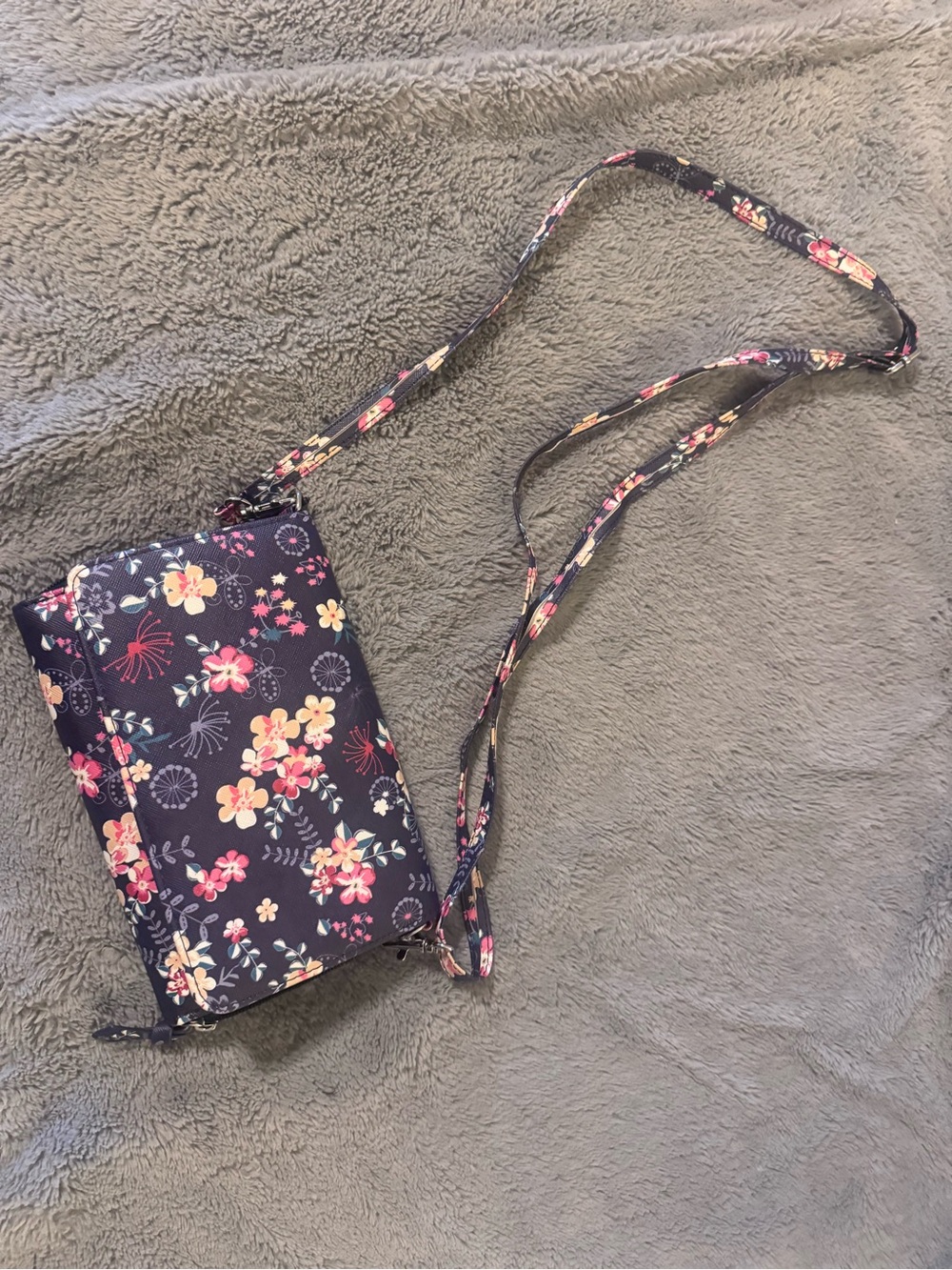 Floral Navy Crossbody Wallet - Pink & Cream Flower Print